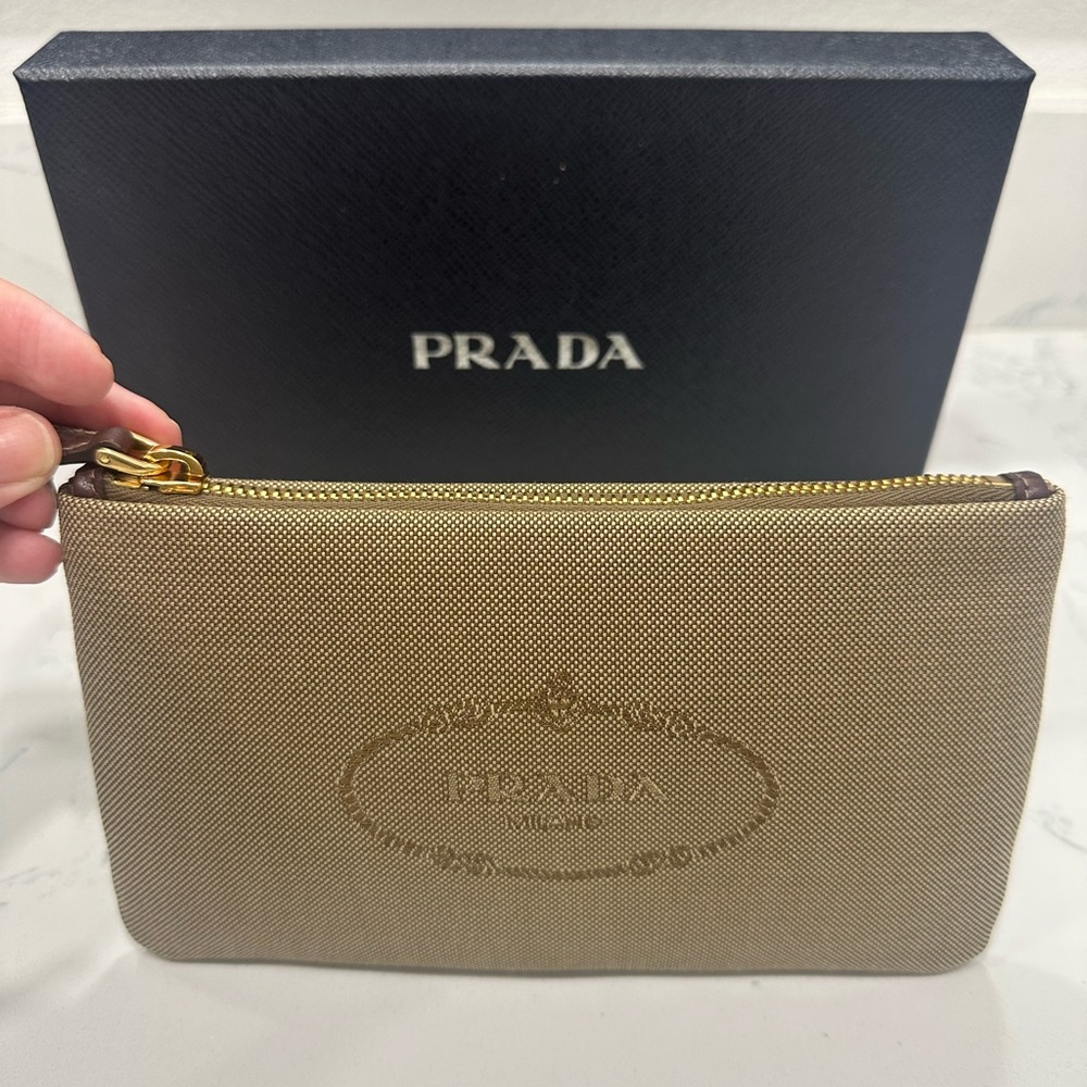Prada Logo Jacquard Beige Canvas Small Flat Pouch Clutch Bag - Picture 6 of 8